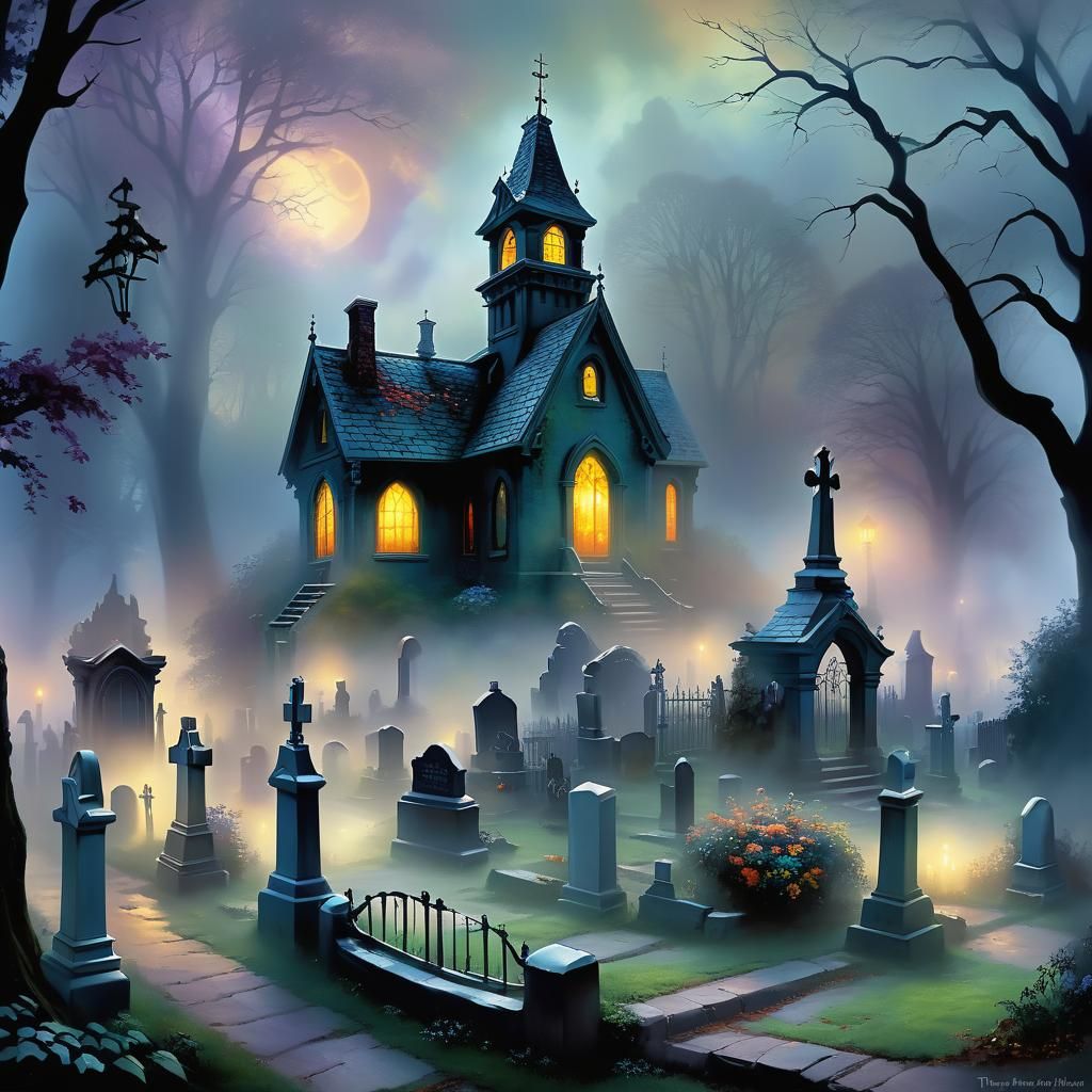 Ethereal Haunted House in Misty Cemetery
