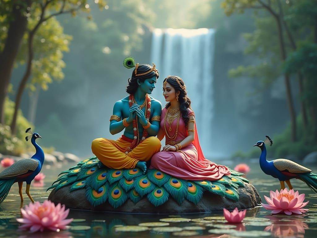 Hindu Gods Radha and Krishna in Vibrant Peacock Feathered Gl...