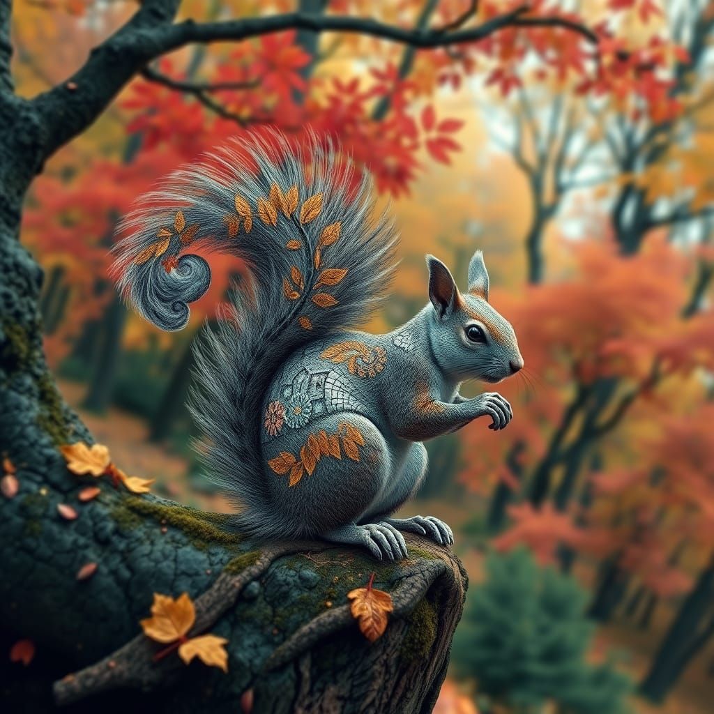 Surreal Fractal Steel Squirrel in Autumn Forest