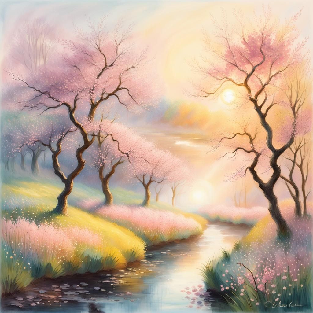 Idyllic Valley with Blossom Trees at Sunrise