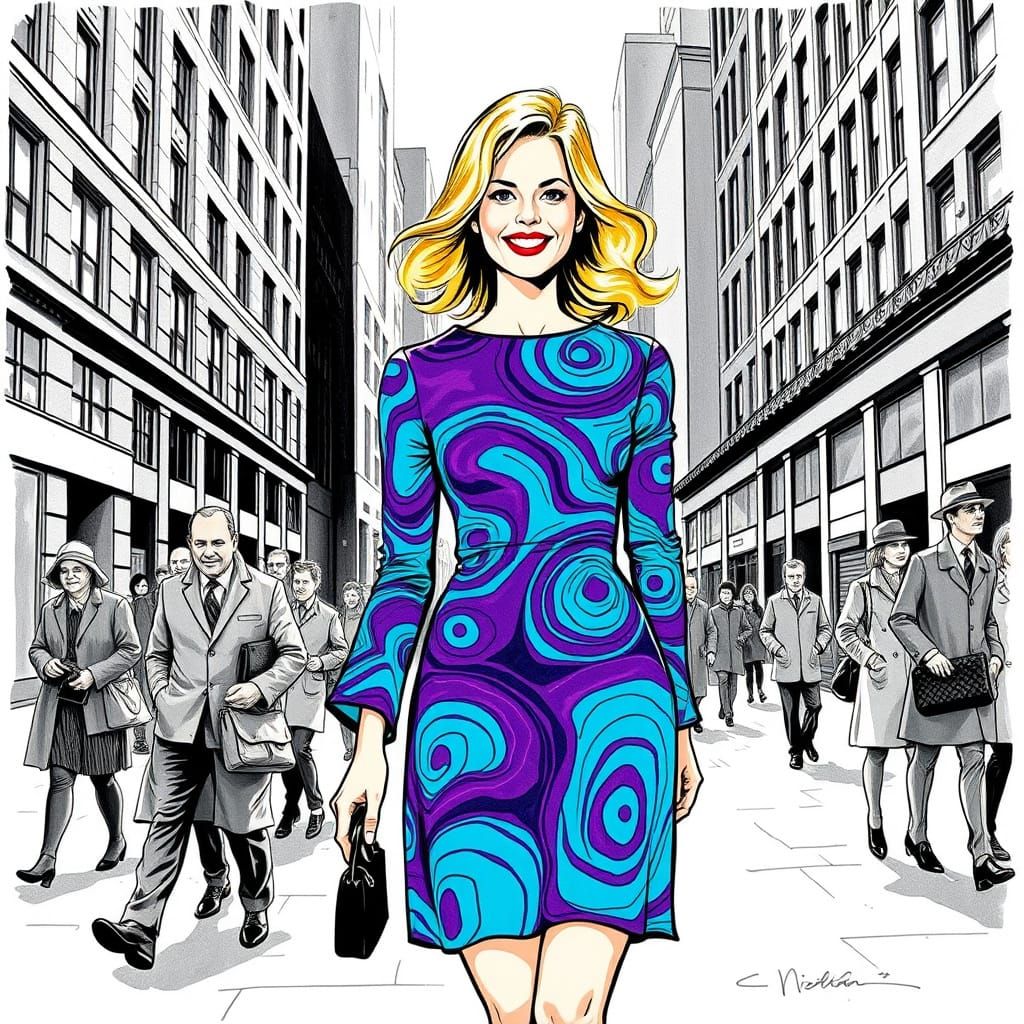 Confident Fashion Icon in Psychedelic Op Art Pattern