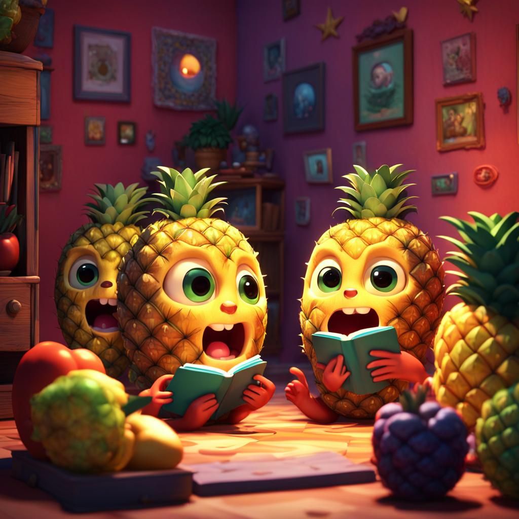 Chibi Pineapples Reading a Scary Story: 3D Render