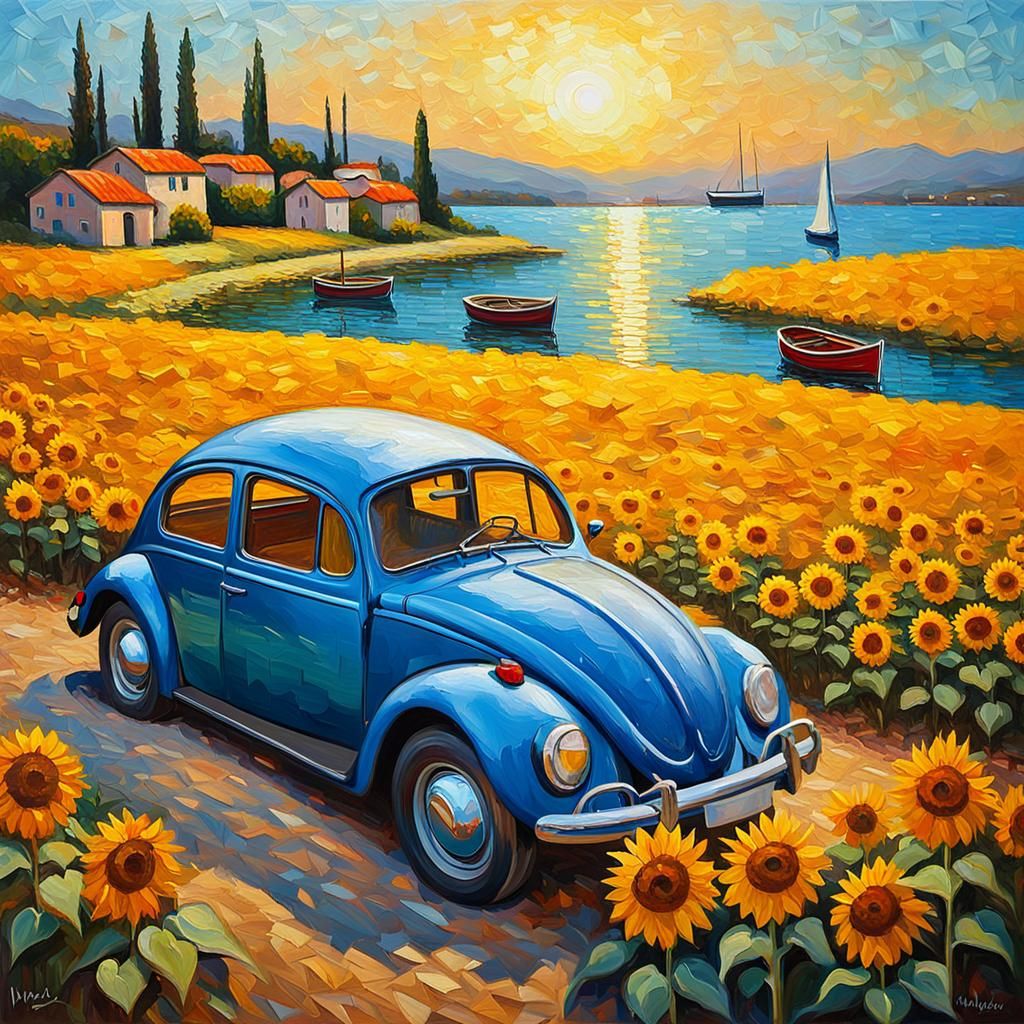 Blue Beetle Among Sunflowers: Impasto Oil Painting