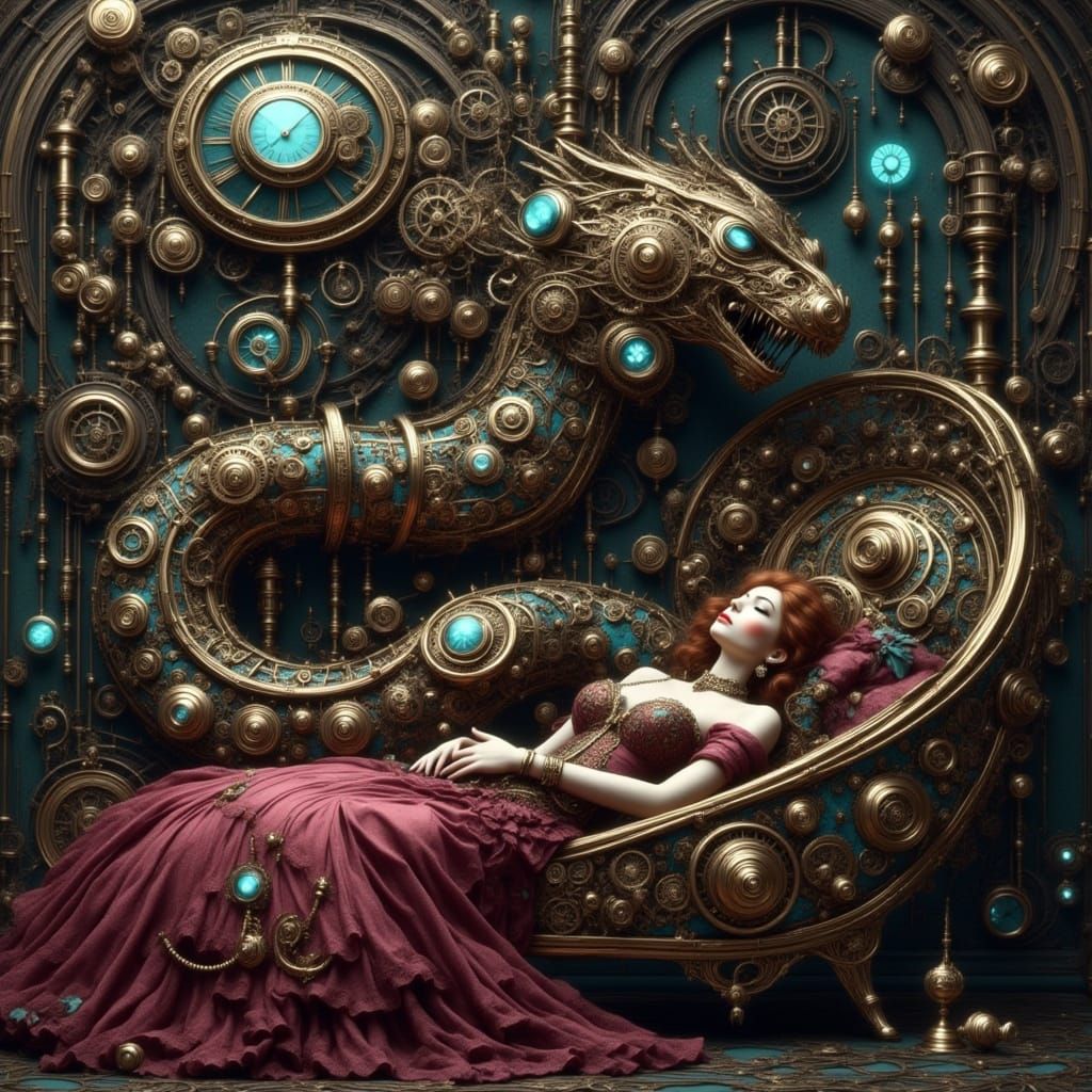 Steampunk Sleeping Beauty in a Dreamlike Scene