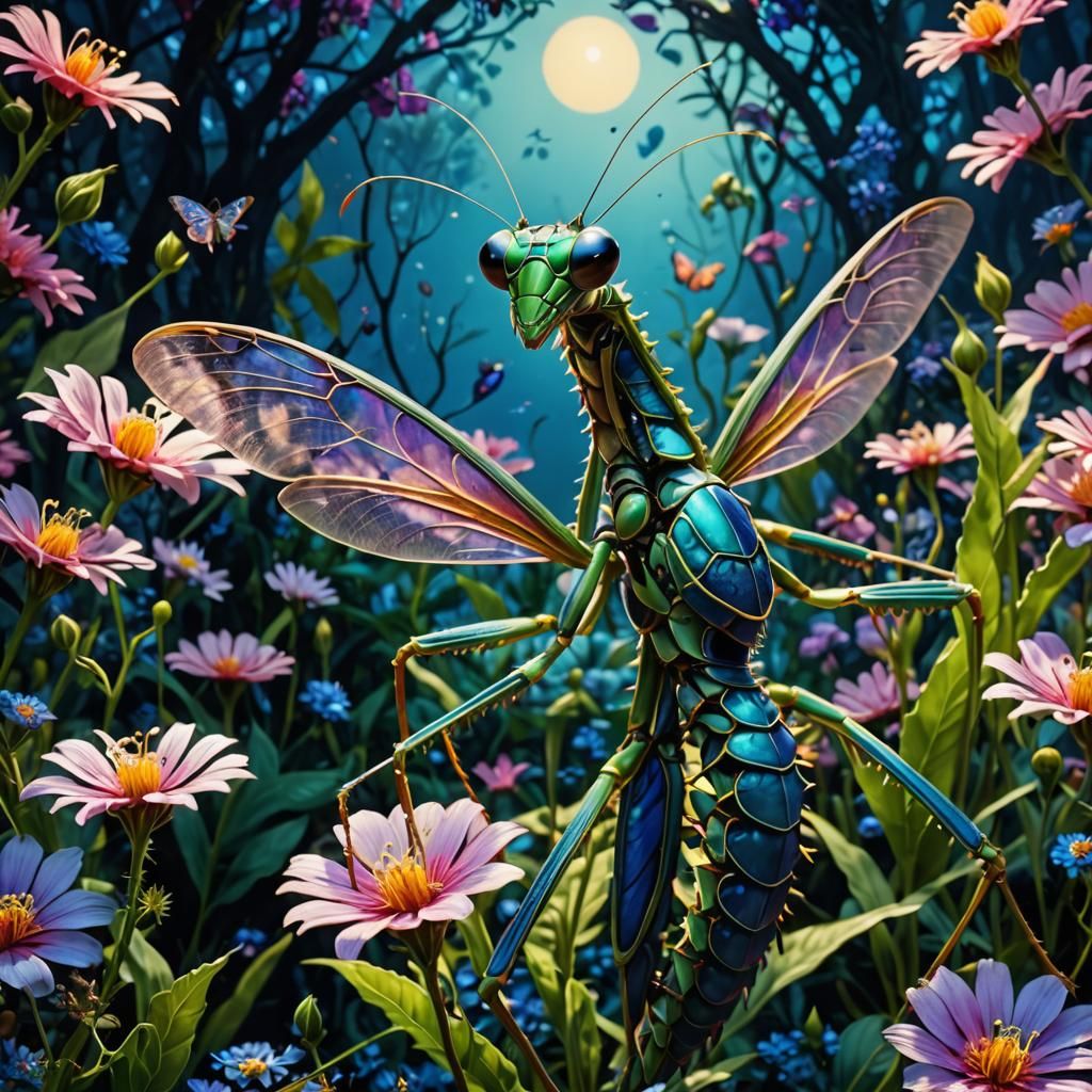 Surreal Mantis in Dreamlike Flora, HDR, 8K