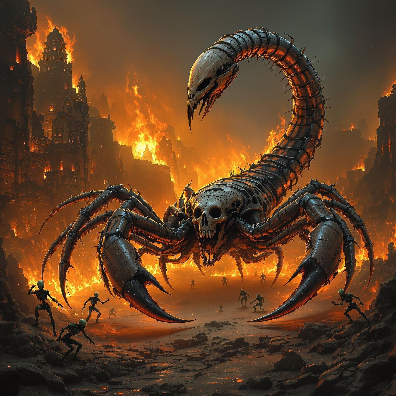 Skeletal Scorpion Lord in Burning Aztec City