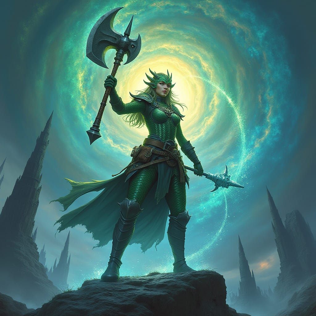 Heroic Dragonborn Barbarian in Emerald and Sapphire Hues