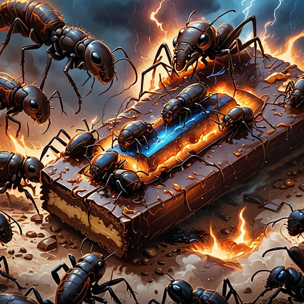 Flaming Twix Bar Devoured by Ants: Fantasy Concept Art