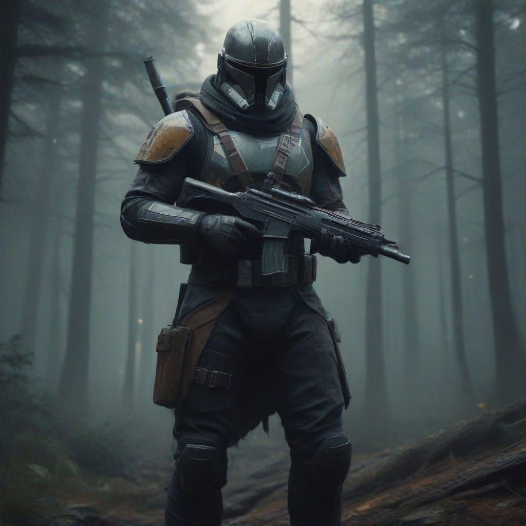 Weathered Star Wars Bounty Hunter in Forest Environment