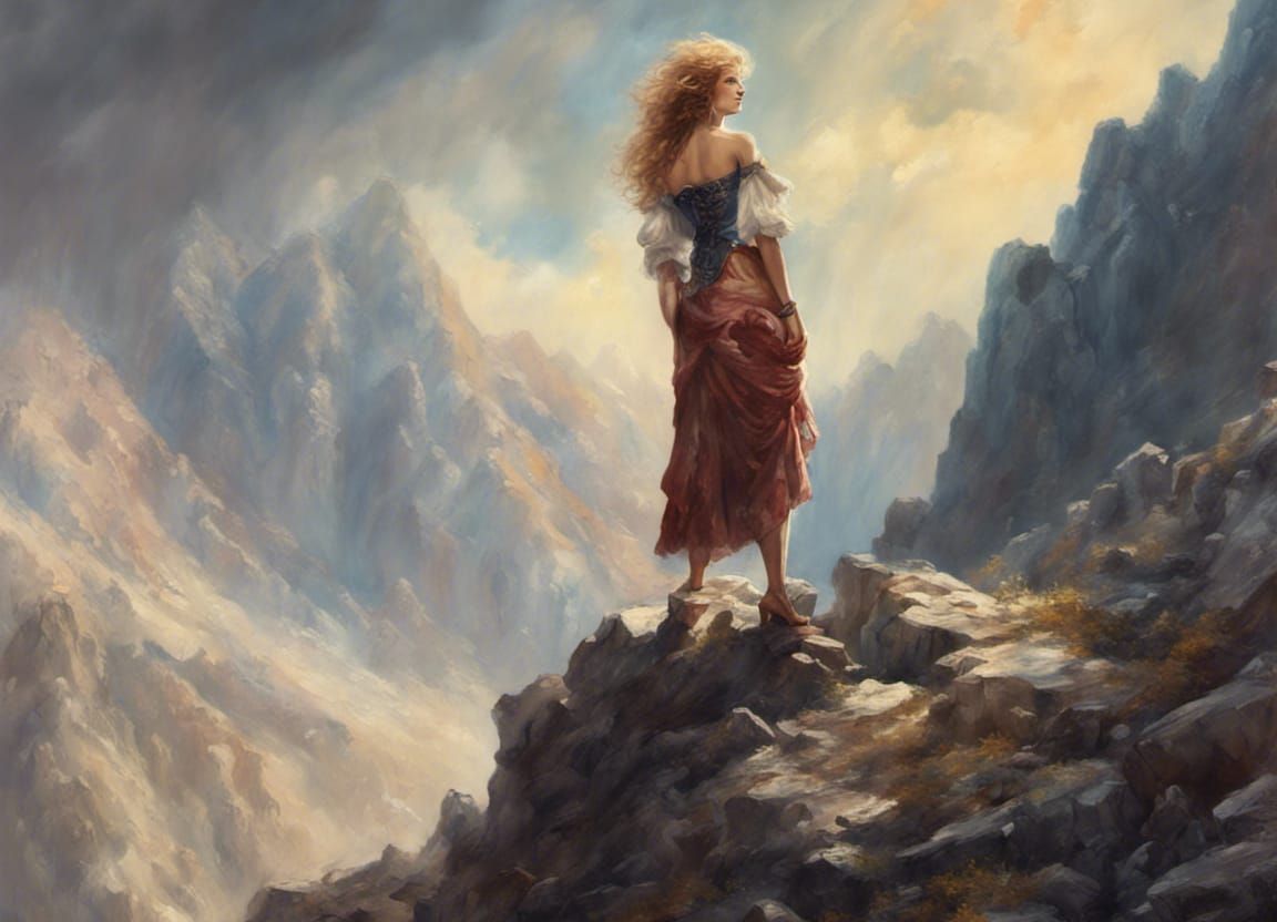 Steampunk Woman Soaking Sunlight on Mountain Pass