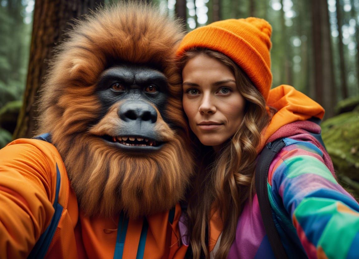 Bigfoot Selfie with Woman in Colorful Sportswear