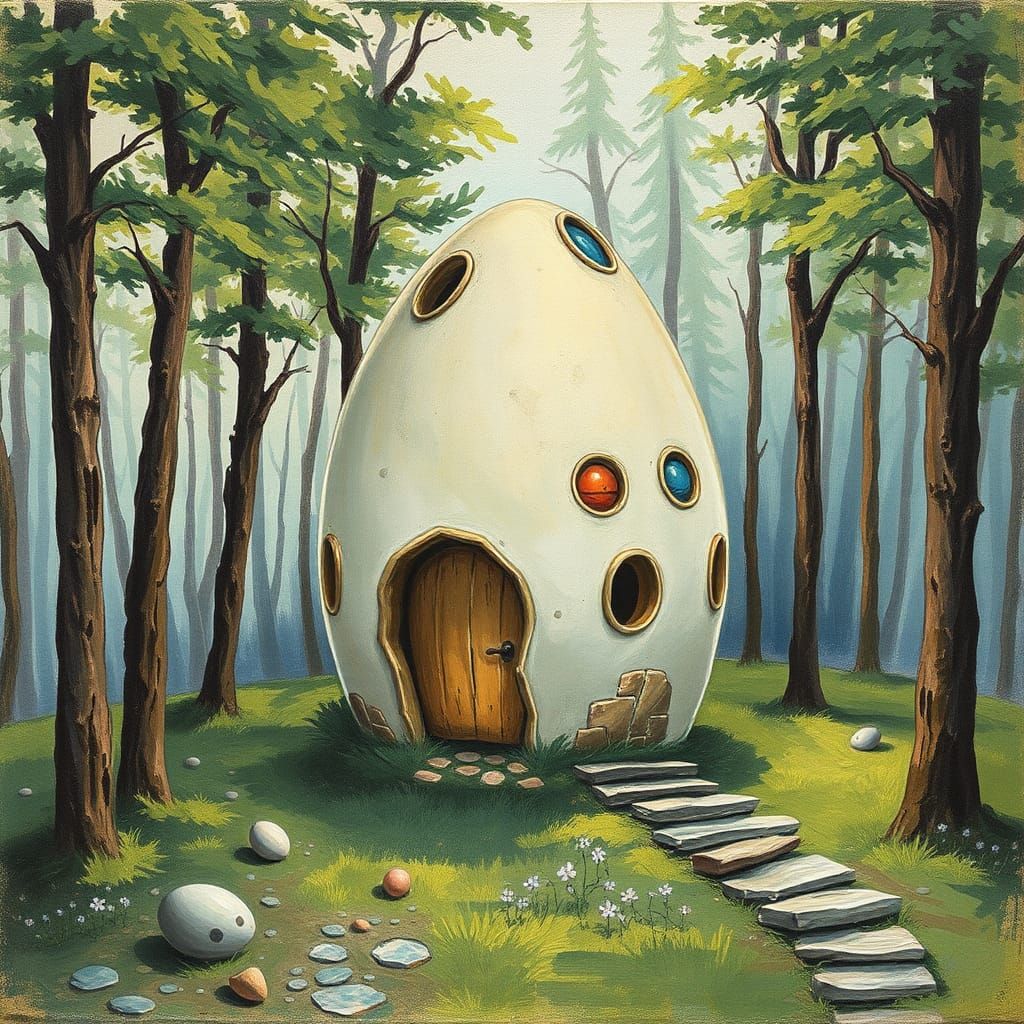Surreal Whimsical Egg-House in Forest Painting