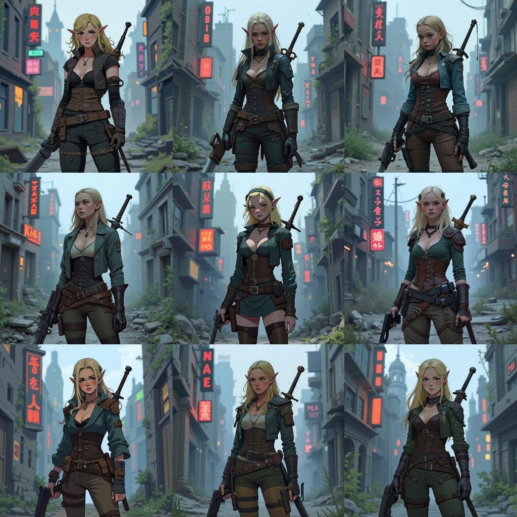 Elven Ranger in Cyberpunk Cityscape