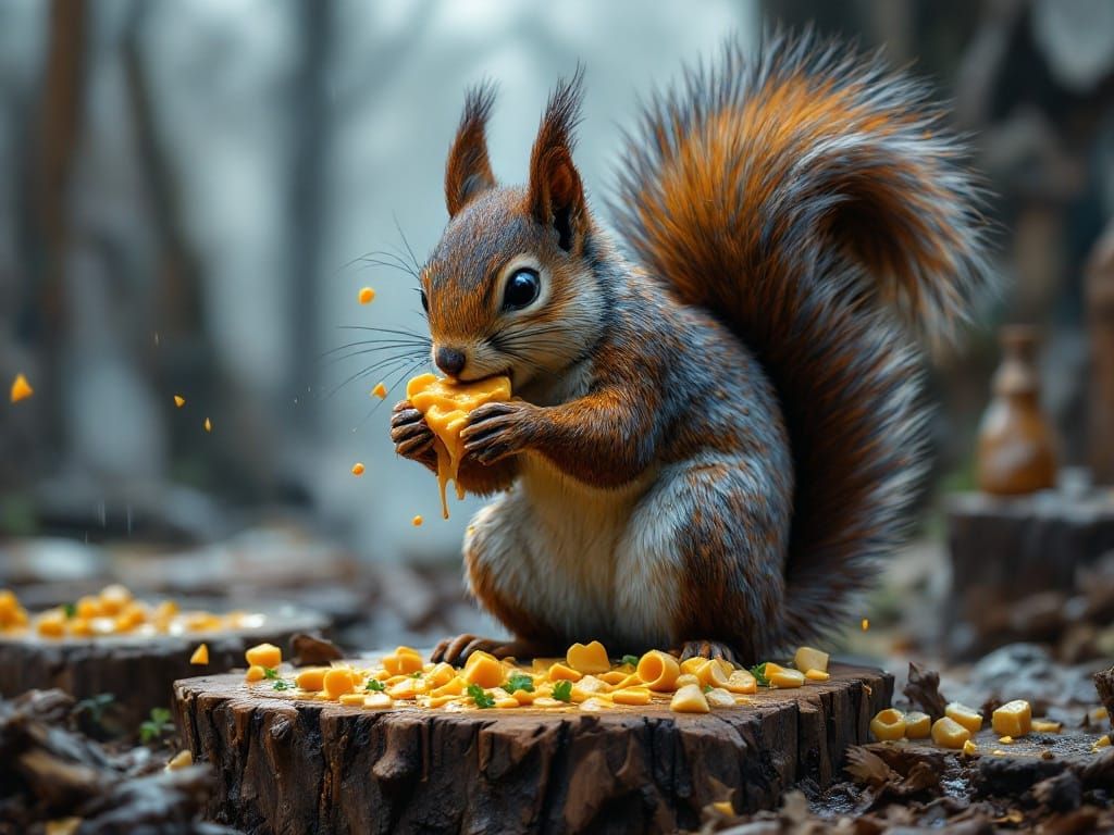 Squirrel Enjoying Macaroni and Cheese On The Stump