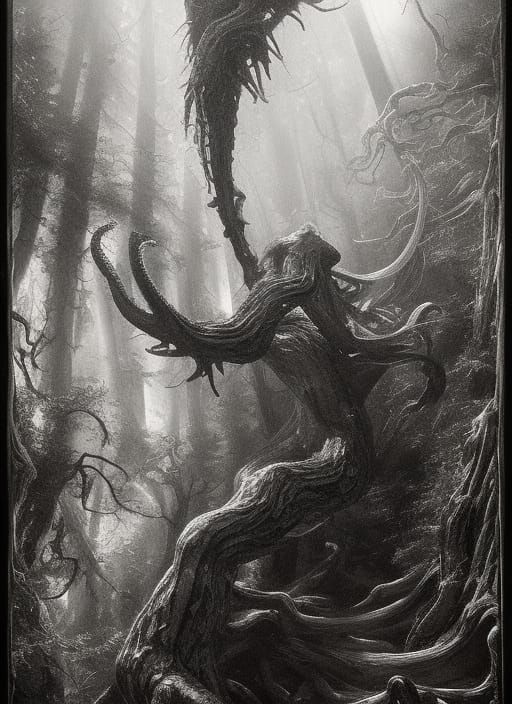 Tentacled Horror in Moonlit Forest: Charcoal Drawing