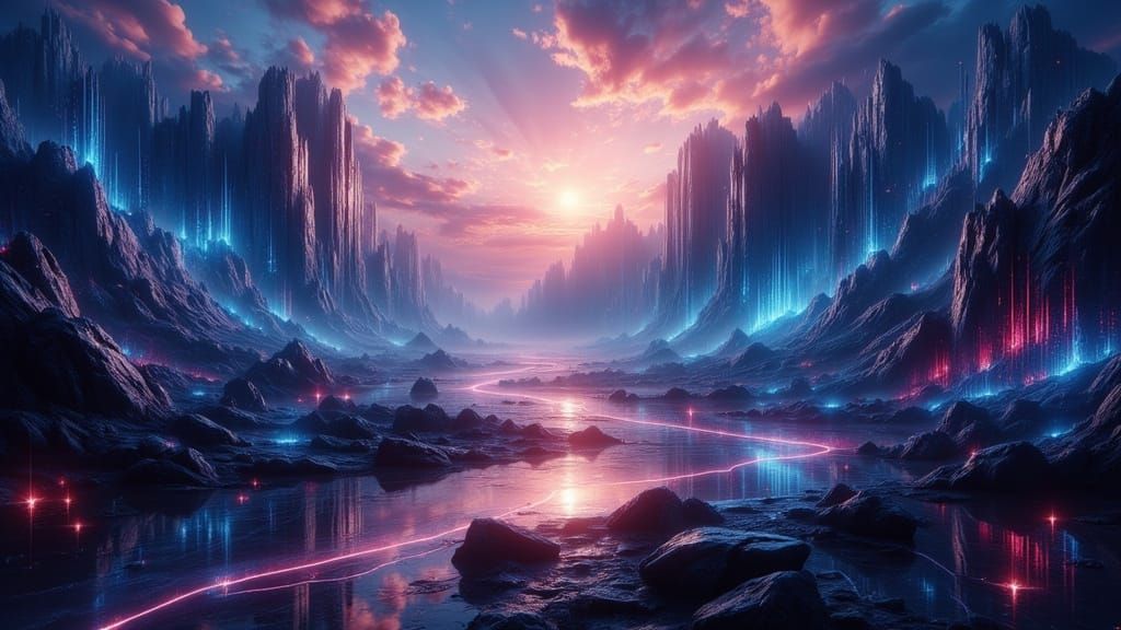 Epic Digital Landscape of Binary Code Mountains and Rivers