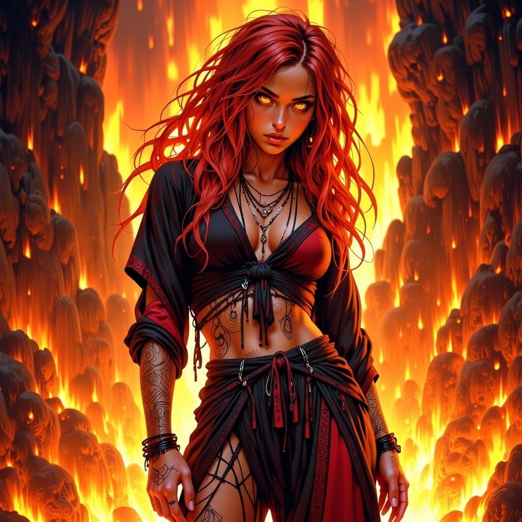 Flame Witch in Lava Chamber, Hyperrealistic Digital Art