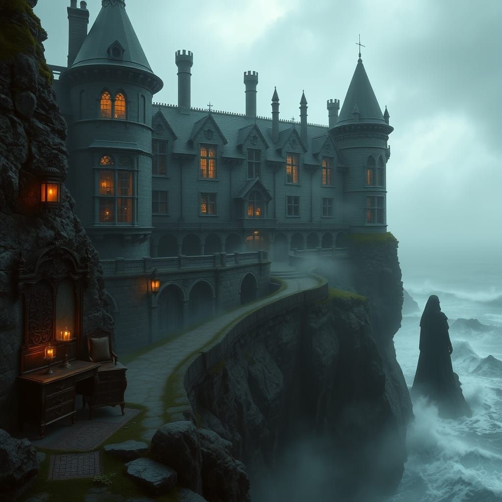 Gothic Manor in Dark, Fantastical Style Teeters on Cliff's E...