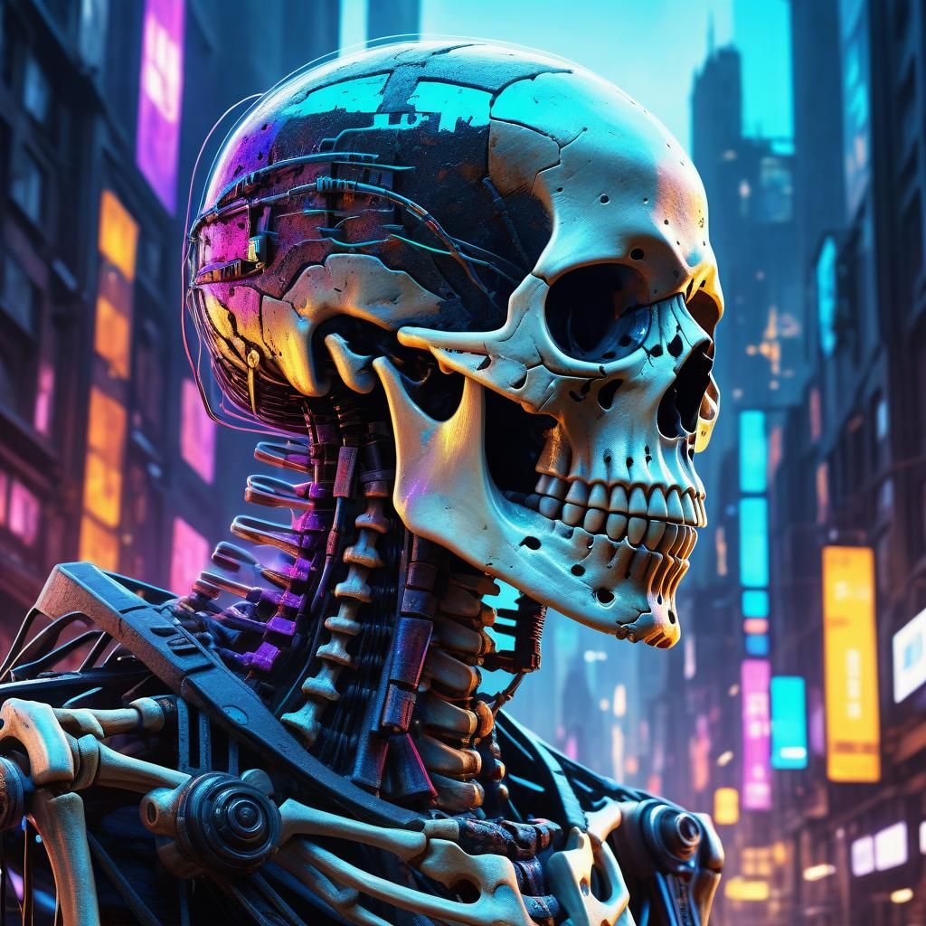 Cybernetic Skeleton in Gothic Future Cityscape