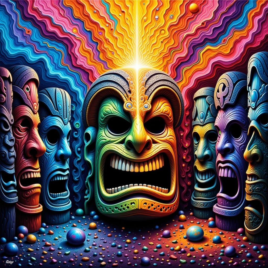 Tiki Figures Amidst Exploding Color Patterns
