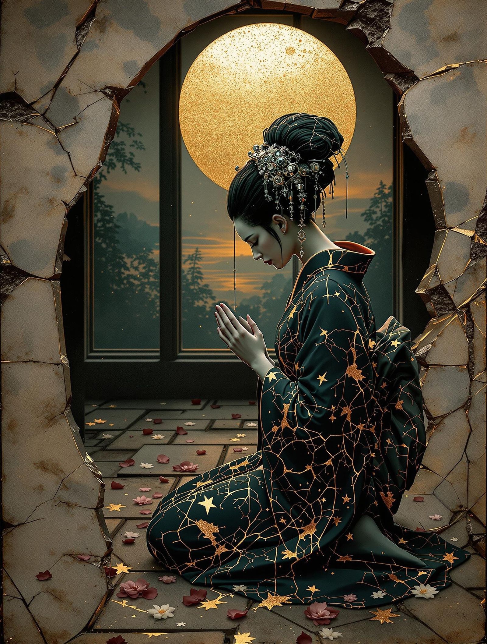 Clockwork Geisha in Ruined Teahouse: Steampunk Bas-Relief