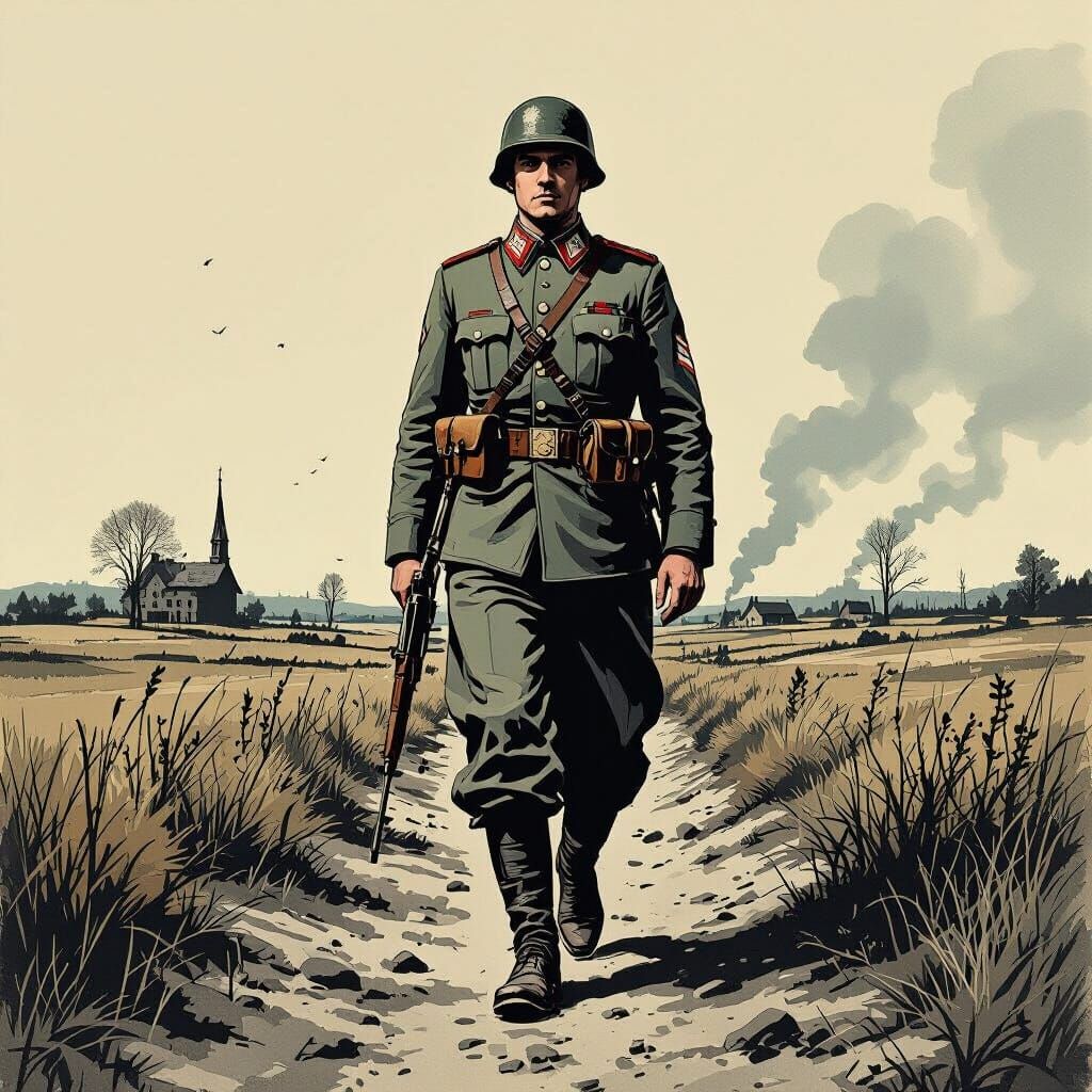 1940s Soldier Marches Through Wartime Landscape