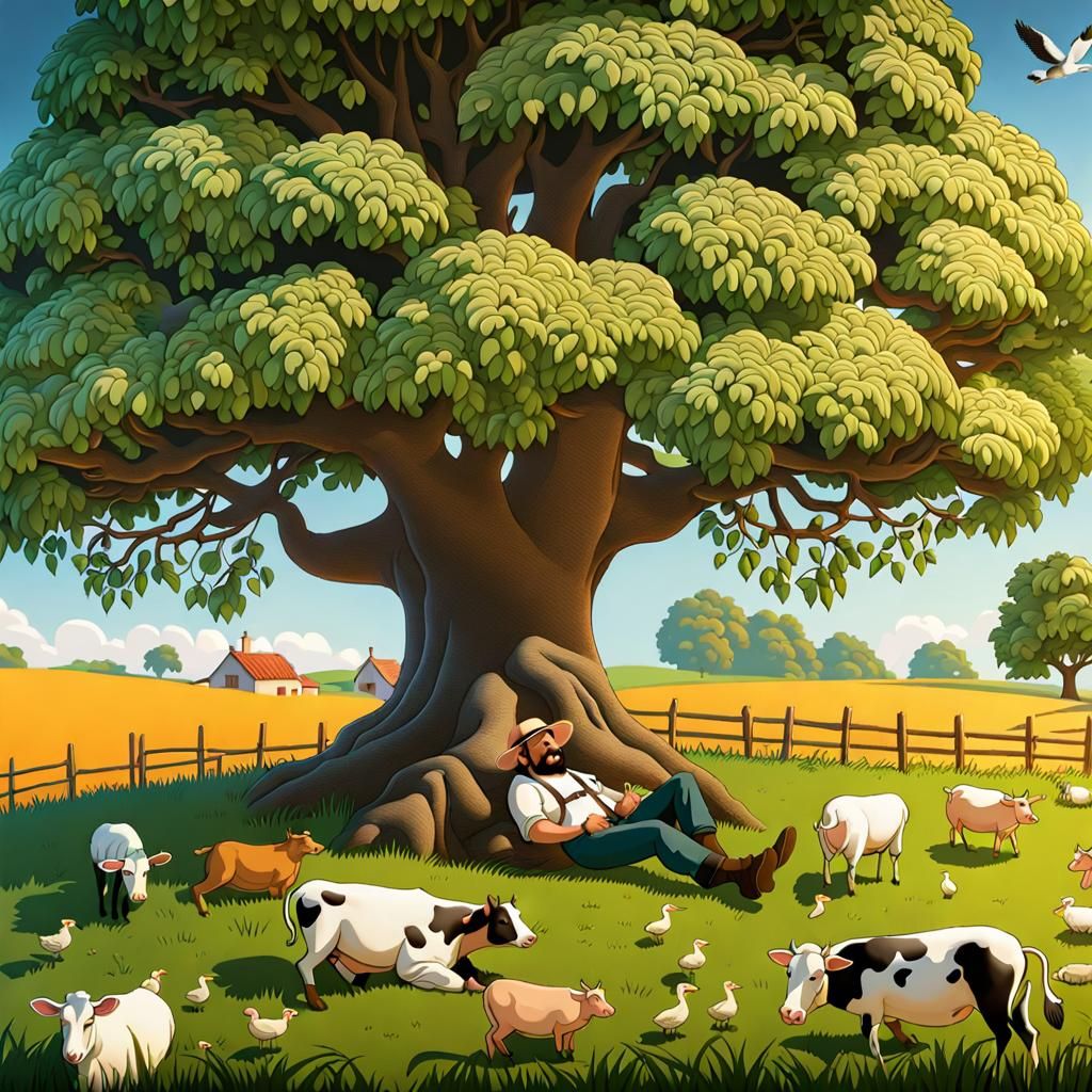 Peaceful Farmcore Dream: Farmer Asleep Under Tree