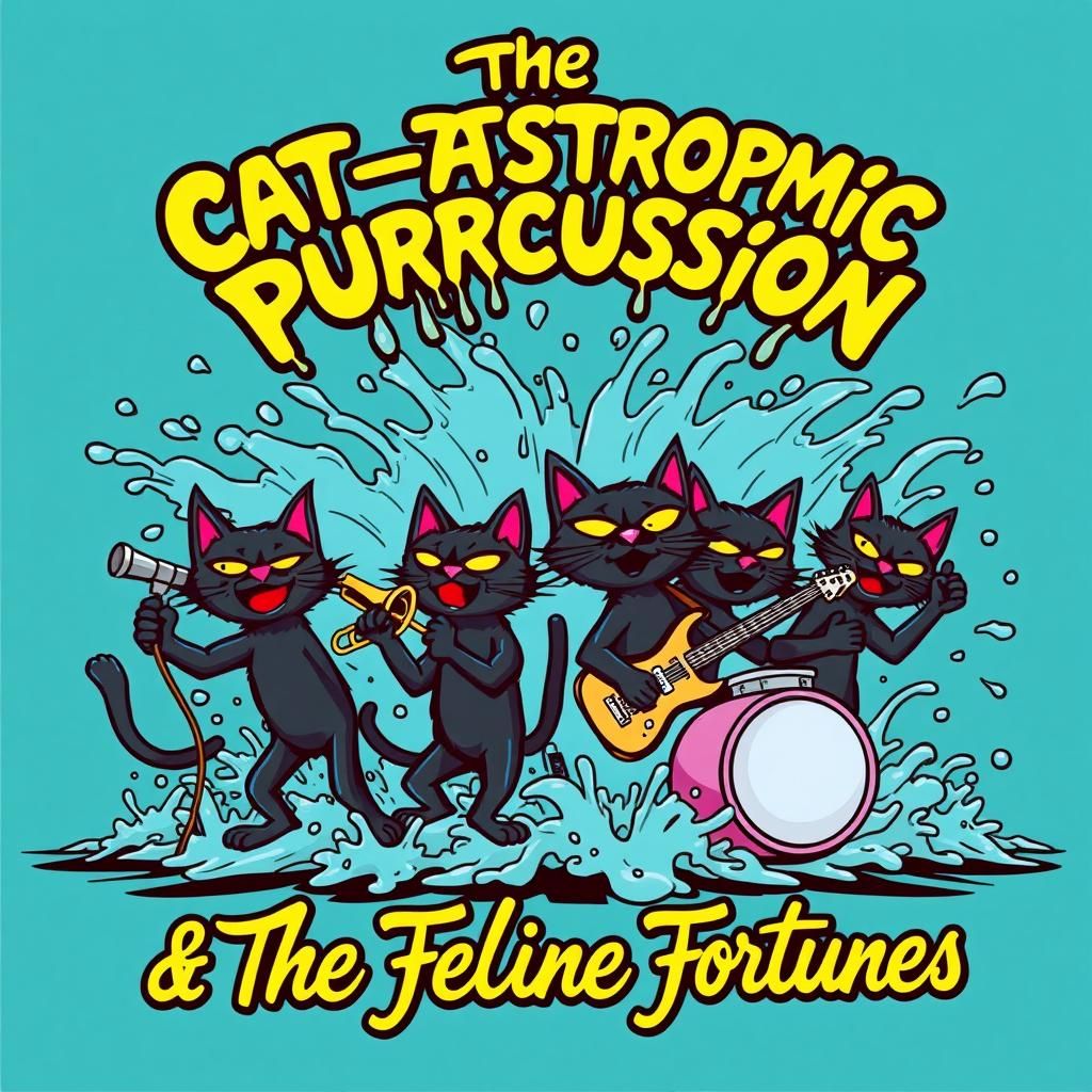 Cartoon Cat Rock Band Album Art in Pop Art Style
