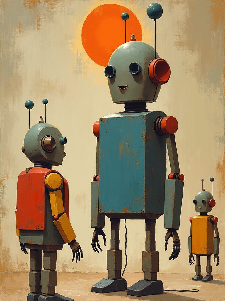 Robots Performing Menial Tasks in Abstract Style