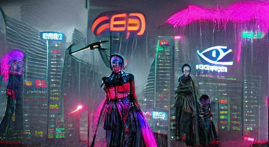 Cyberpunk Geisha in Dystopian Neon Cityscape