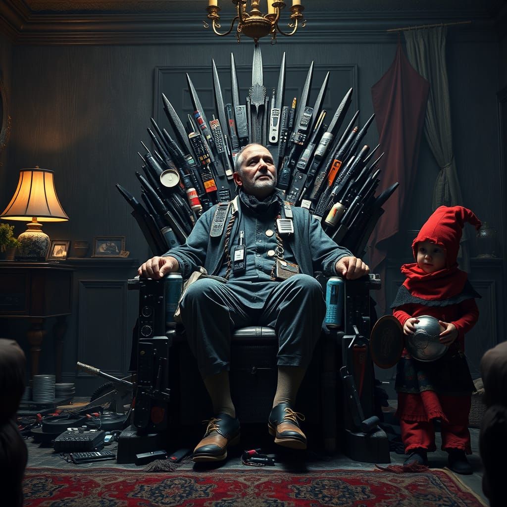 Humorous Father King on Remote Throne, Digital Painting