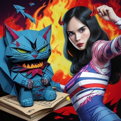 Demonic Kitten and Beautiful Woman in Pop Art Style