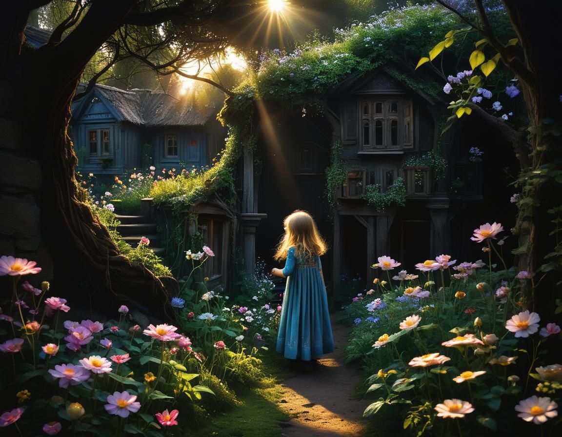 Sunlit Garden Scene with Intricate Details