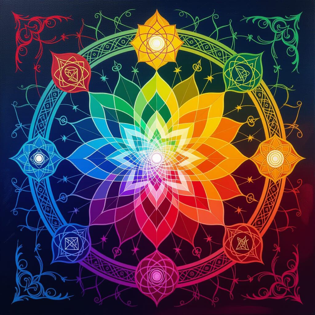 Chakra Spectrum Matrix with Hovering Symbols as Oil Painting