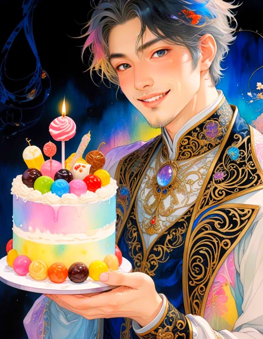 Kitschy Portrait Painting of Man With Decorated Cake