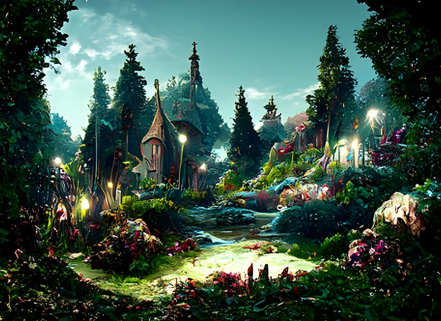 Magical Fairy Village with Pond, Hyper-Detailed