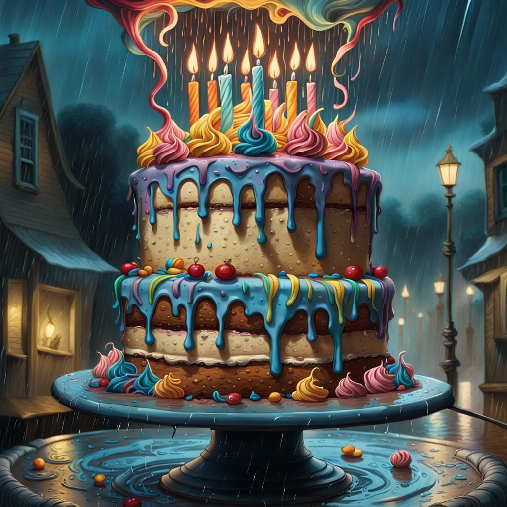 Hyperrealistic Birthday Cake in the Rain