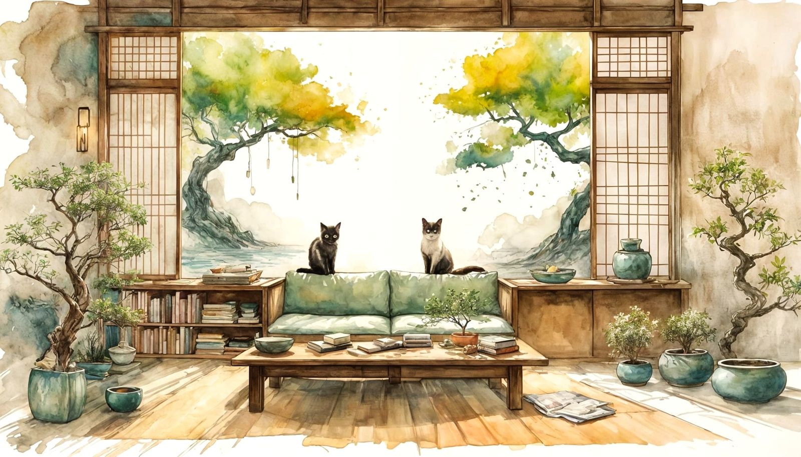 Minimalist Japanese Bookstore with Siamese Cat, Ink Wash Sty...