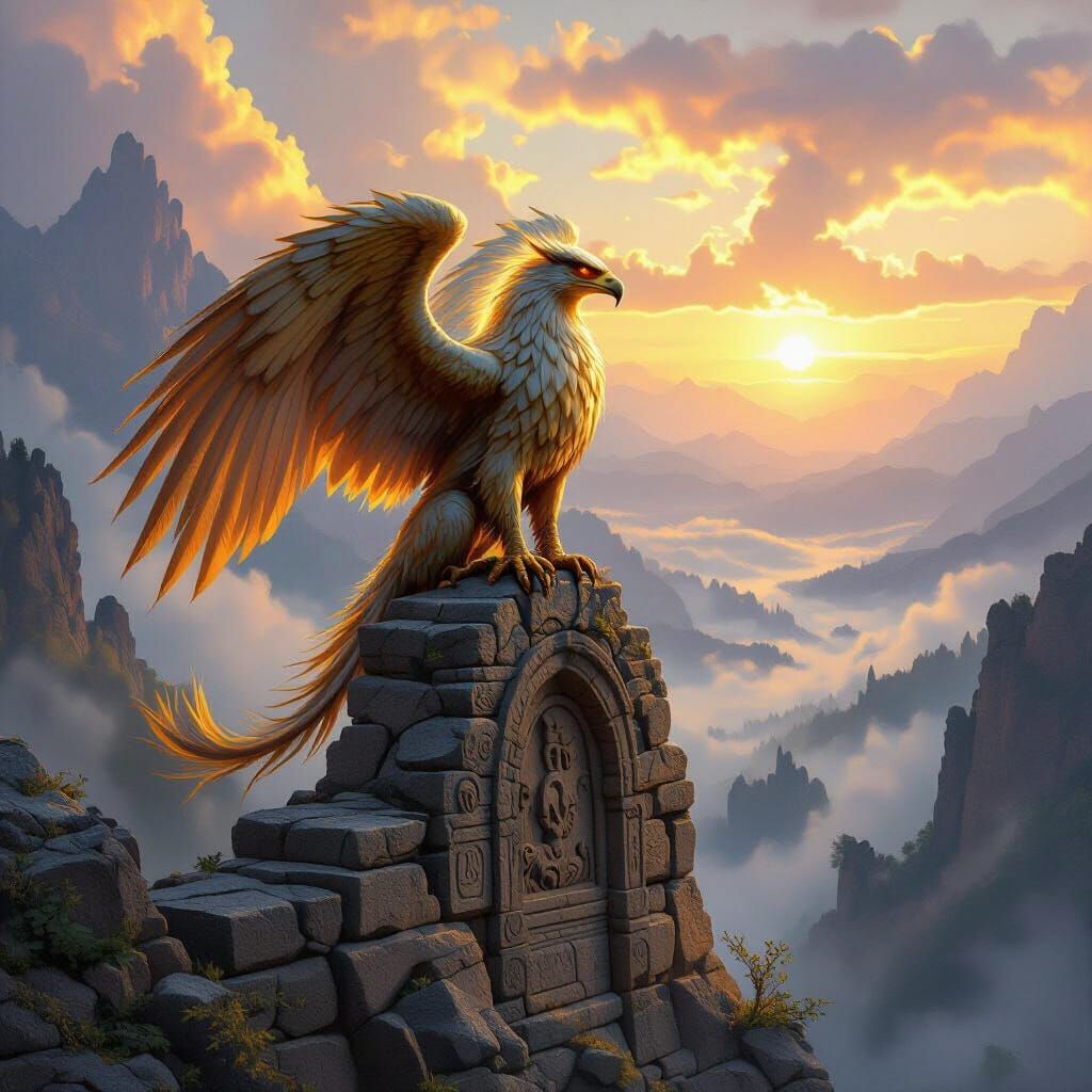 Majestic Griffin on Ancient Ruins at Dawn