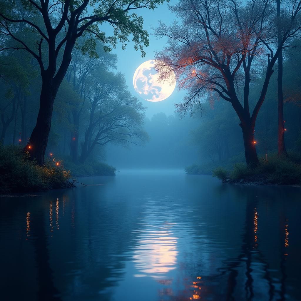 Moonlit Lake in Forest with Ethereal Glow