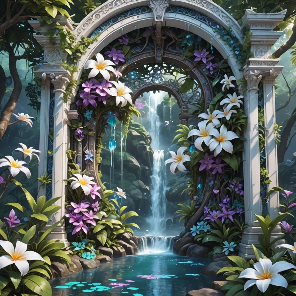 Holographic Jungle Waterfall Portal in Anime Style