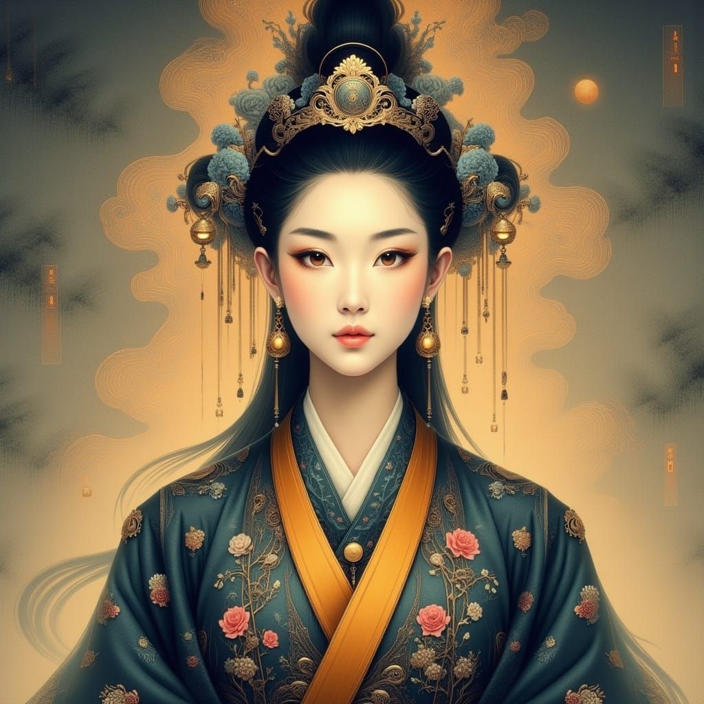 Monochrome Ink Portrait in Traditional Chinese Style