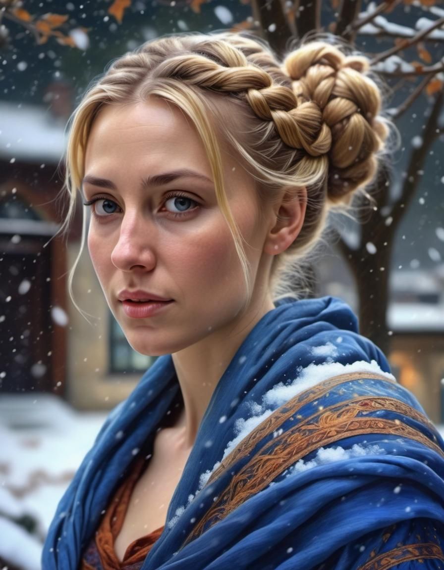 Renaissance Oil Portrait of a Woman in Falling Snow