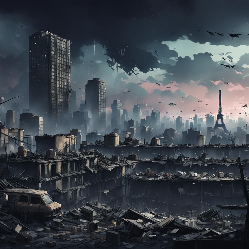 Post-Apocalyptic Paris Skyline in Anime Style