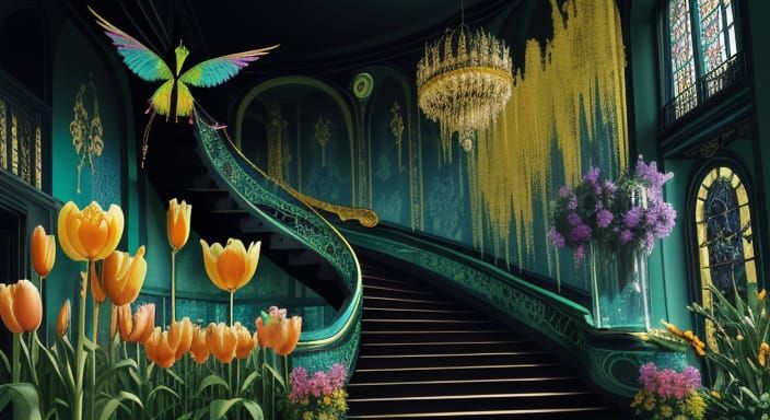 Surreal Mansion with Orange Tulips and Gold Filigree Stairca...