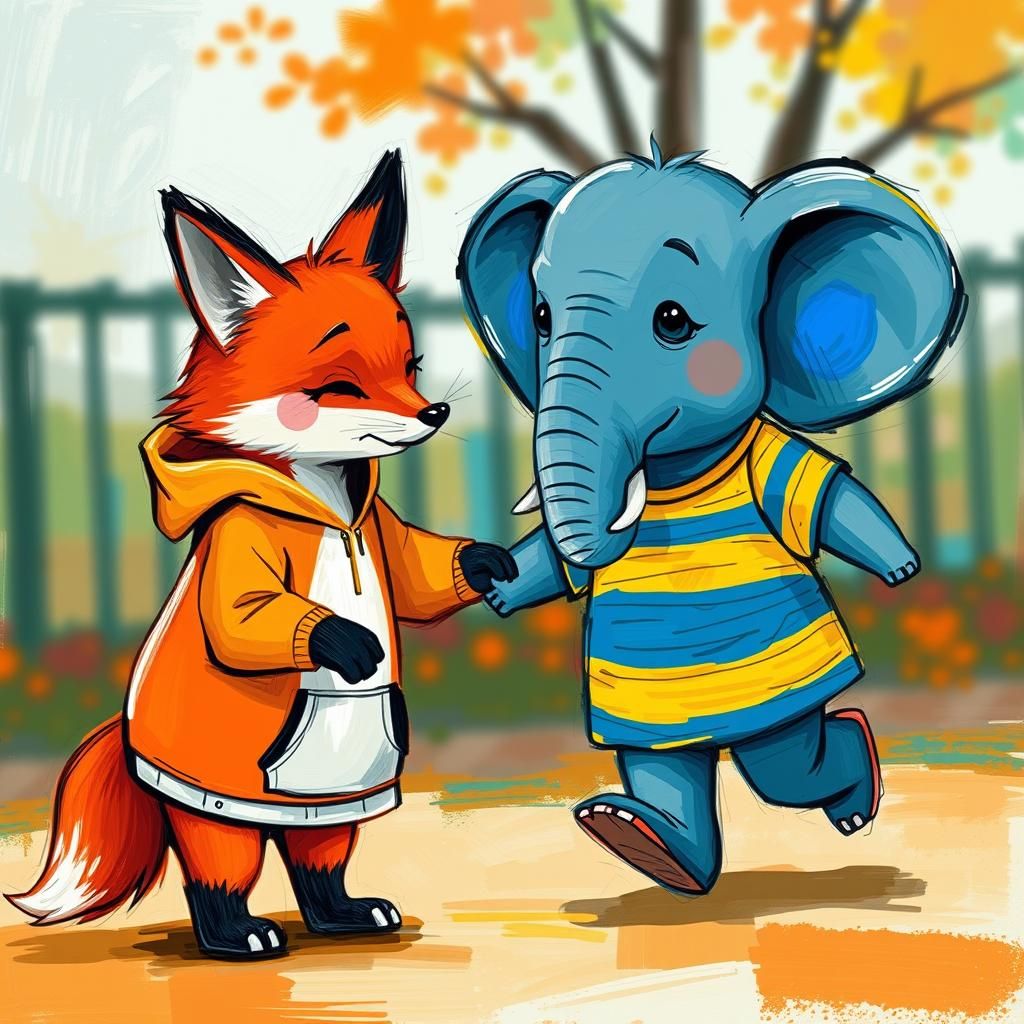 Fox and Elephant Playground Fun in Abstract Expressionism