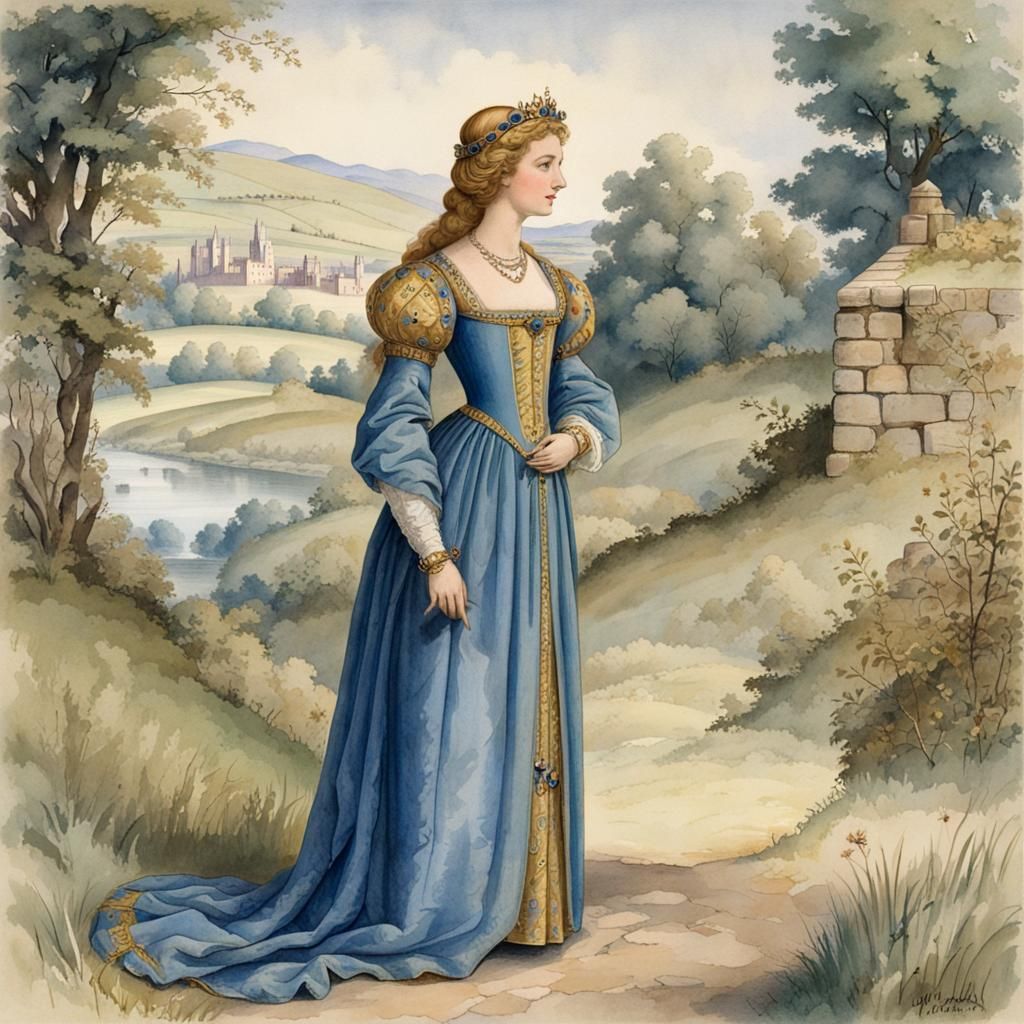 Medieval Woman in Blue Silk and Gold, Watercolor Style