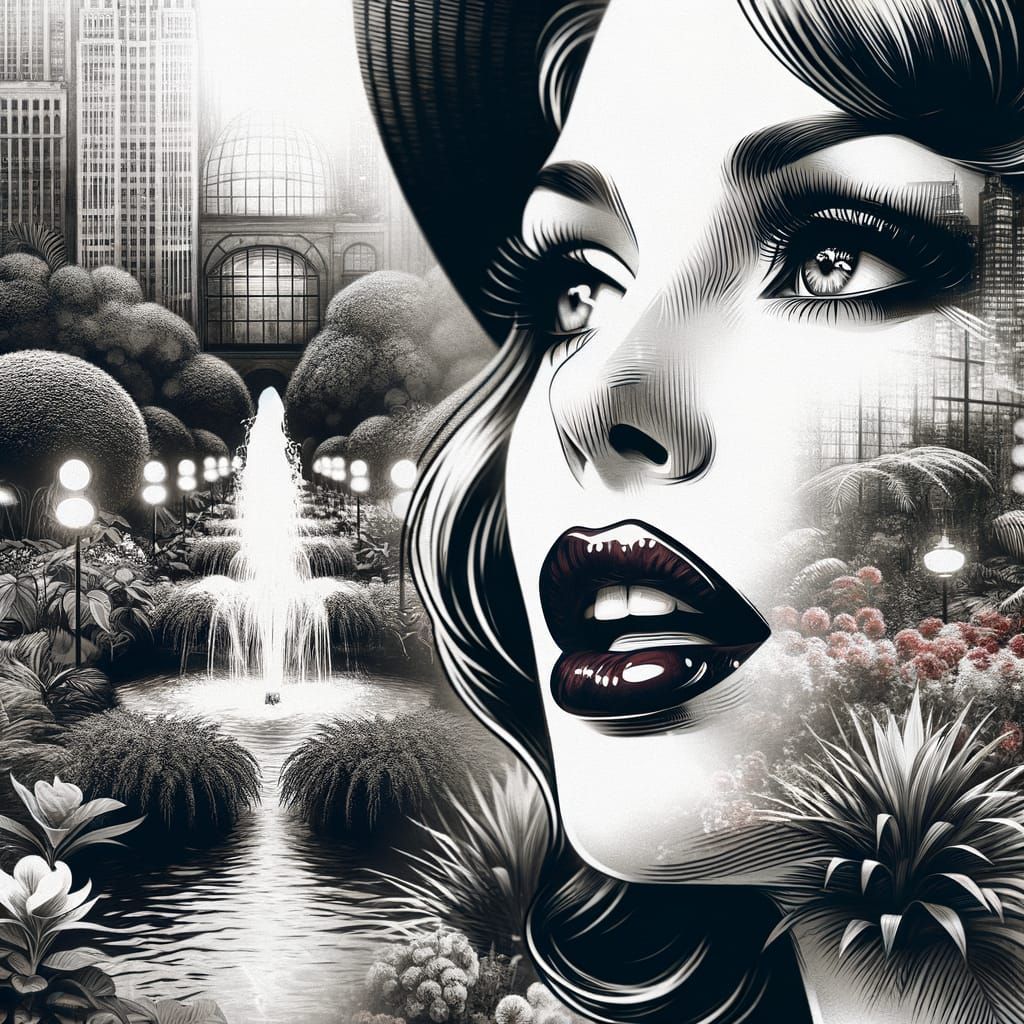 Charming Woman in Noir Comic Style with Botanical Garden Bac...