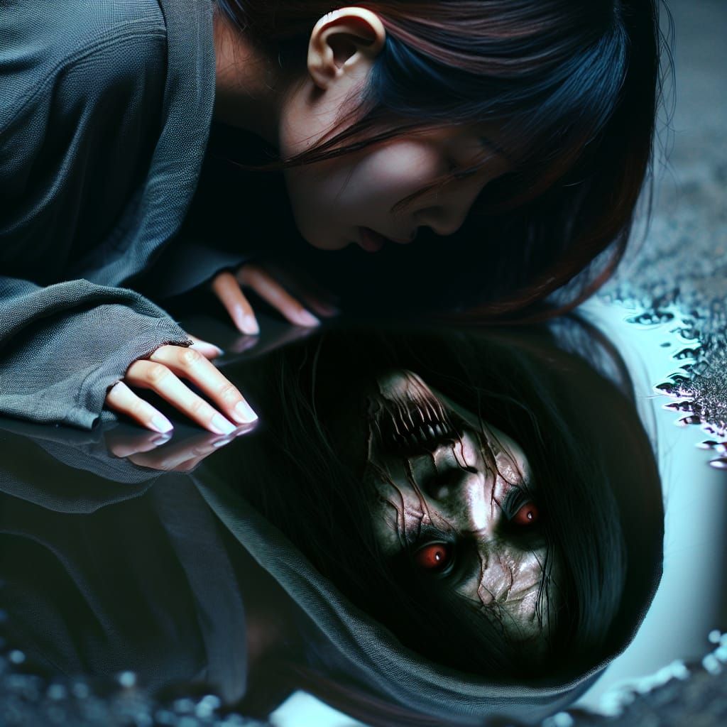 Surreal Reflection: Asian Woman's Sinister Double