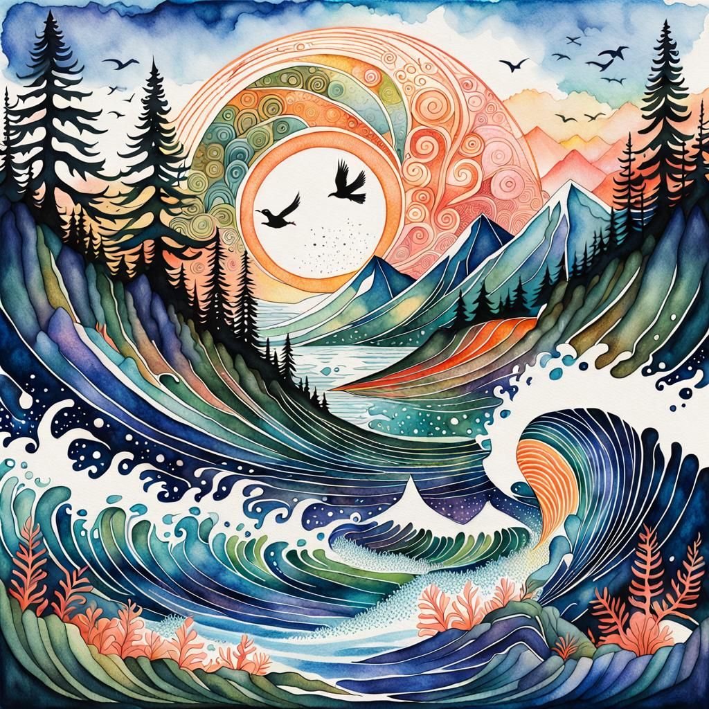 Intricate Salmon and Grouse Watercolor Dreamscape